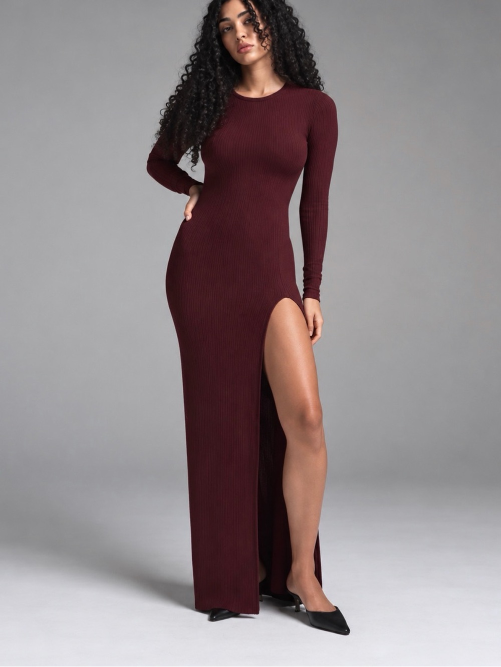 SKIMS Soft Lounge Long-Sleeve Ribbed Maxi Dress with Thigh Slit - Burgundy